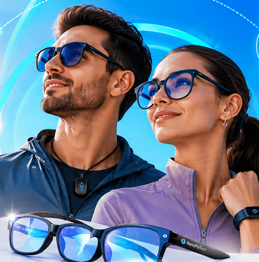 A man and a woman wearing Nano ProTech eyewear and a wellness band, with a pair of frames in the foreground